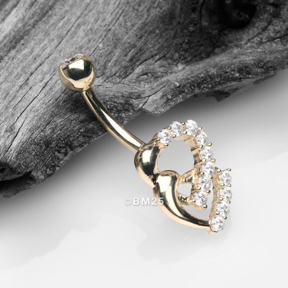 14 Karat Gold Double Hearts Sparkle Loop Belly Button Ring